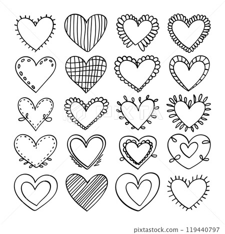 Black and white hearts. Black and white collection of simple and decorative hearts. Vector image of various black and white hearts decorated with lines, dots and arrows. Black and white hearts. Black and white collection of simple and decorative hearts. Vector image of various black and white hearts decorated with lines, dots and arrows. 119440797