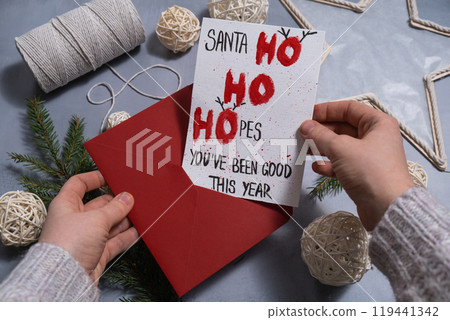 Gift Christmas idea. Do it yourself instruction postcard eco-friendly decoration. Making handmade presents children's diy projects. Holiday family time 119441342