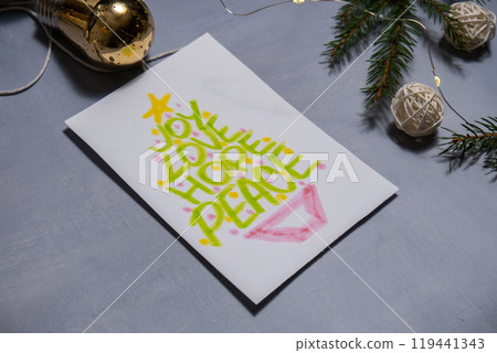 Christmas tree Storytelling of creating craft Christmas greeting card holiday present. Tactile hand-on activity. Master class progress of creative me-made gifts. Seasonal domestic life micro moment 119441343