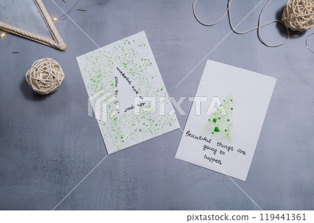 Christmas tree Sustainable Christmas preparation Diy process of making handmade greeting cards. Step by step activity for children. Inclusive and responsible stress relief holiday hobby 119441361