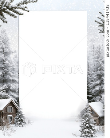 Winter Christmas season village landscape with pine branches frame and copy space 119441438
