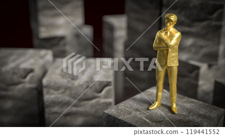 The gold business man stand on cube stone on black background  3d rendering. 119441552