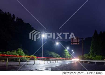 Road lit by street lights Road lit by street lights 119441808