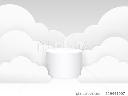 White blank podium stand to show products surround with clouds in paper style, Vector illustration. 119441907