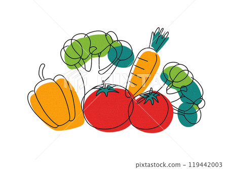 Rough hand-drawn line drawing illustrations of tomato, broccoli, carrot, and pepper, cut out on white background 119442003