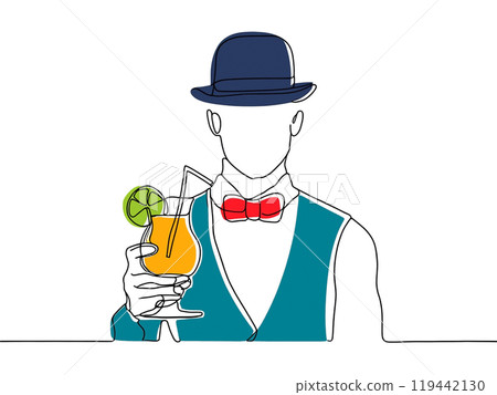 手繪線條藝術插圖，描繪了一位時尚的英國紳士喝著橙色雞尾酒，白色背景上的剪紙 119442130