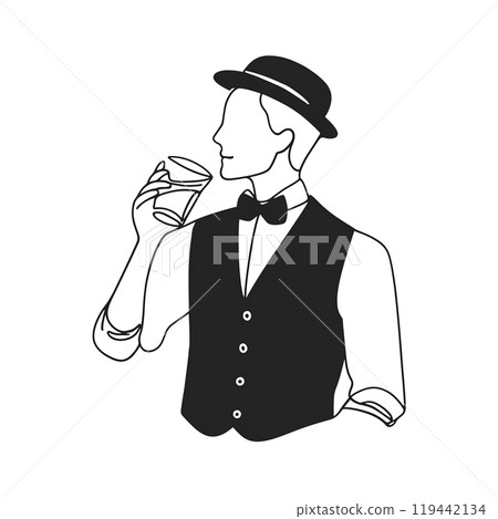 Hand-drawn line drawing illustration of a stylish English gentleman drinking water from a glass, isolated on white background 119442134