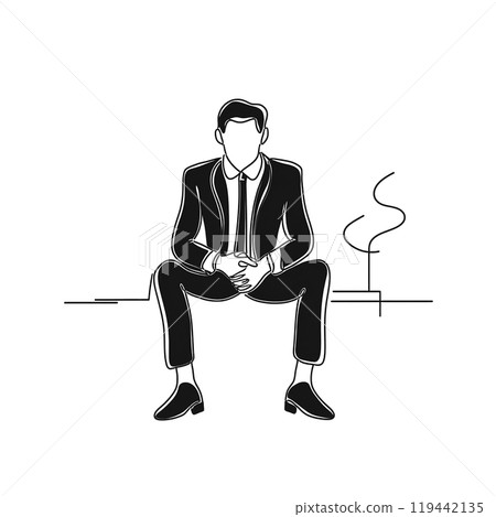 Rough hand-drawn line drawing illustration of a businessman sitting depressed, isolated on white background Rough hand-drawn line drawing illustration of a businessman sitting depressed, isolated on white background 119442135