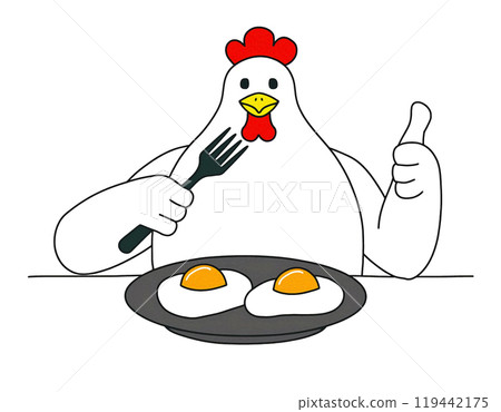 A surreal and comical hand-drawn illustration of a chicken character doing a food review of a fried egg, cut out on a white background 119442175