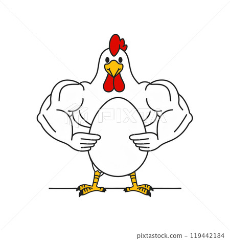 健美運動員白雞角色拿著一個大雞蛋的插圖，白色背景上的切口 119442184