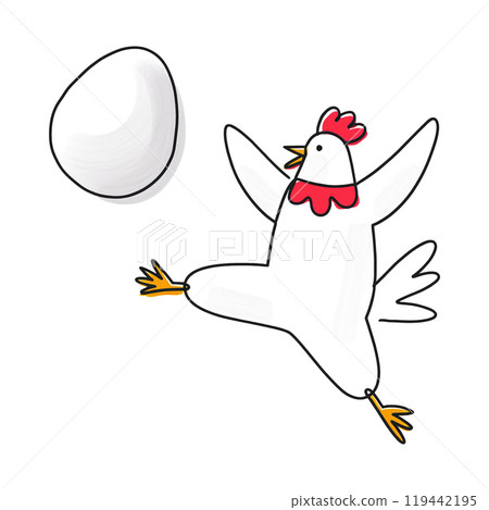 Surreal and comical hand-drawn illustration of a white chicken and eggs, cut out on white background Surreal and comical hand-drawn illustration of a white chicken and eggs, cut out on white background 119442195