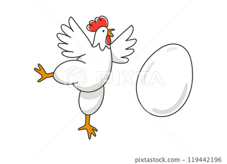 Surreal and comical hand-drawn illustration of a white chicken and eggs, cut out on white background Surreal and comical hand-drawn illustration of a white chicken and eggs, cut out on white background 119442196