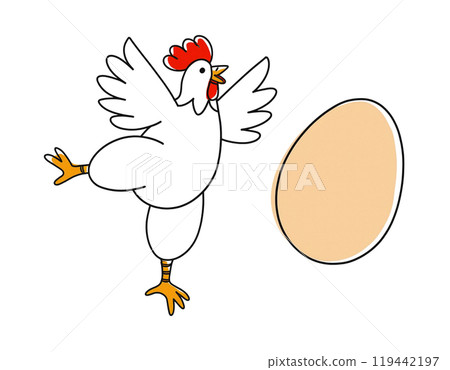 Surreal and comical hand-drawn illustration of a white chicken and eggs, cut out on white background Surreal and comical hand-drawn illustration of a white chicken and eggs, cut out on white background 119442197