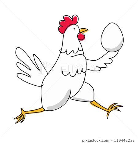Surreal hand-drawn illustration of a white chicken holding an egg, isolated on white background 119442252