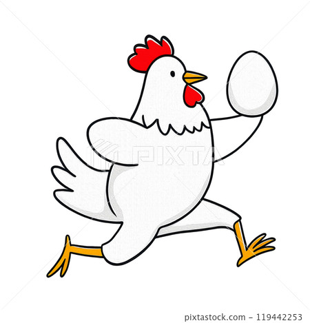 Surreal hand-drawn illustration of a white chicken holding an egg, isolated on white background 119442253