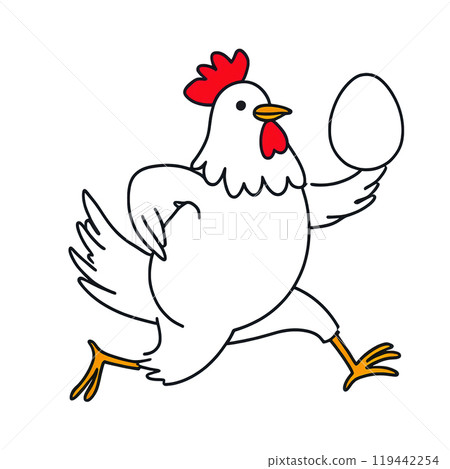 Surreal hand-drawn illustration of a white chicken holding an egg, isolated on white background 119442254