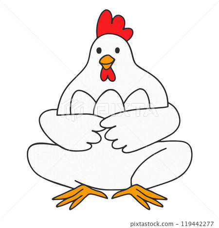 超現實的手繪插圖,一隻白雞拿著一顆蛋,白色背景上的切口 超現實的手繪插圖,一隻白雞拿著一顆蛋,白色背景上的切口 119442277