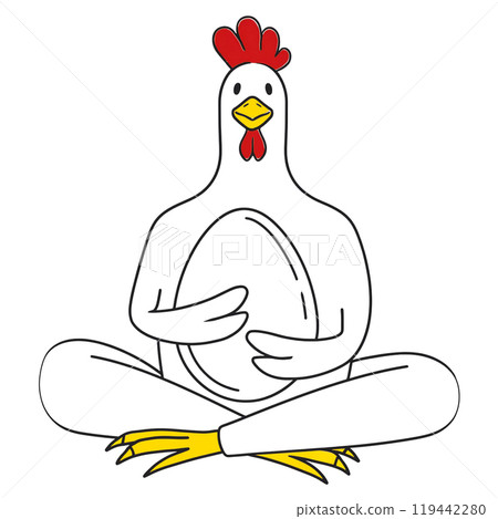 超現實的手繪插圖,一隻白雞拿著一顆蛋,白色背景上的切口 超現實的手繪插圖,一隻白雞拿著一顆蛋,白色背景上的切口 119442280