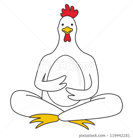 超現實的手繪插圖，一隻白雞拿著一顆蛋，白色背景上的切口 119442281