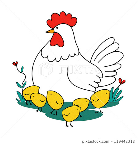 Hand-drawn icon illustration of a white chicken and a yellow chick, isolated on white background 119442318