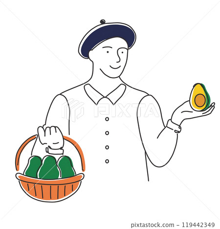 Hand-drawn line drawing of a man holding an avocado, isolated on white background Hand-drawn line drawing of a man holding an avocado, isolated on white background 119442349