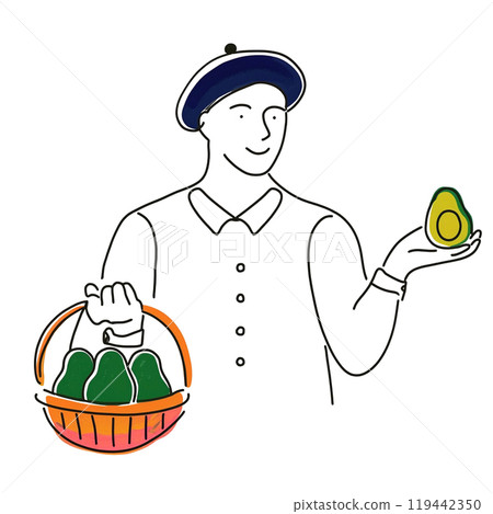 Hand-drawn line drawing of a man holding an avocado, isolated on white background Hand-drawn line drawing of a man holding an avocado, isolated on white background 119442350