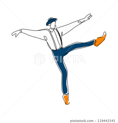 Hand-drawn line drawing of a man in a comical pose, isolated on white background 119442545