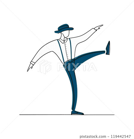 Hand-drawn line drawing of a man in a comical pose, isolated on white background 119442547
