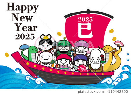 2025蛇年新年賀卡模板，手繪日式插畫寶船上七福神 119442890