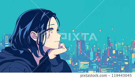 AI-generated image of an anime-style girl resting her chin on her hand by the window AI-generated image of an anime-style girl resting her chin on her hand by the window 119443045