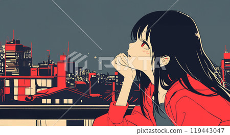 動漫風格的女孩靠在窗邊下巴人工智慧生成的圖像 動漫風格的女孩靠在窗邊下巴人工智慧生成的圖像 119443047