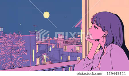 AI-generated image of an anime-style girl resting her chin on her hand by the window 119443111