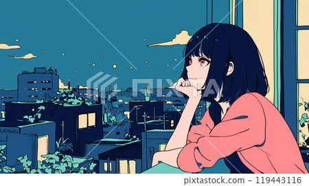 AI-generated image of an anime-style girl resting her chin on her hand by the window AI-generated image of an anime-style girl resting her chin on her hand by the window 119443116