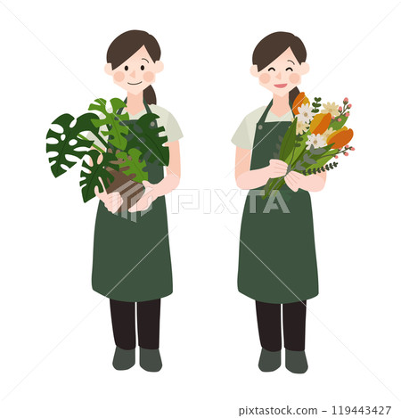 Hand drawn vector illustration of a florist holding flowers and pots 119443427
