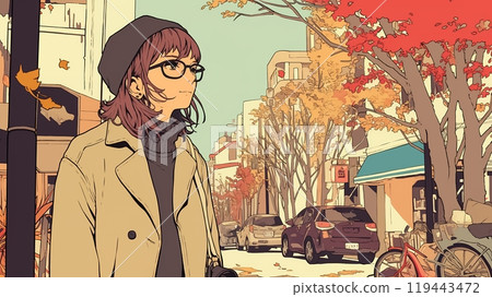 Stylish anime-style girl in autumn city Stylish anime-style girl in autumn city 119443472