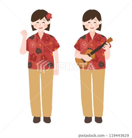Woman in an aloha shirt playing the ukulele hand-drawn vector illustration Woman in an aloha shirt playing the ukulele hand-drawn vector illustration 119443629