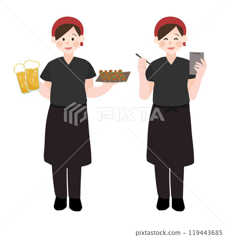 A woman in the waiting room taking orders at an izakaya, hand-drawn vector illustration A woman in the waiting room taking orders at an izakaya, hand-drawn vector illustration 119443685