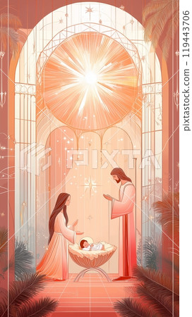 神聖的耶穌誕生場景：瑪麗、約瑟和小耶穌 119443706