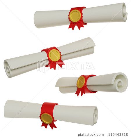 Scroll diploma wrapped with medal 3D graphics 119443818