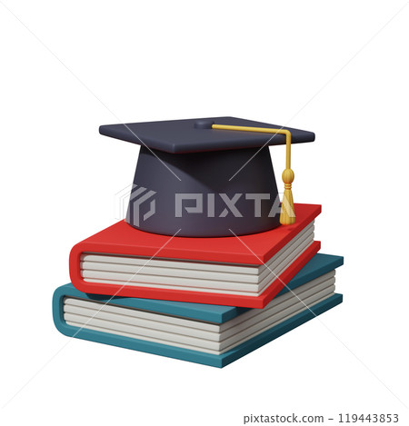 graduation hat on stack of books 3D graphic 119443853