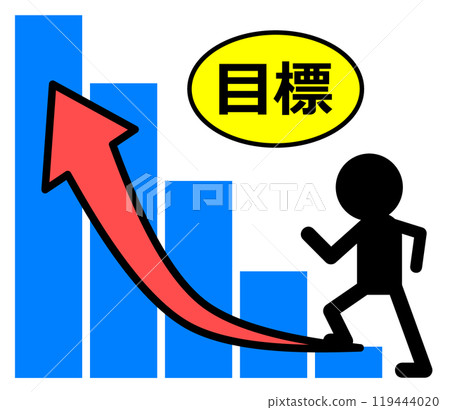 Illustration of a person working hard to achieve a goal and an increasing graph 119444020