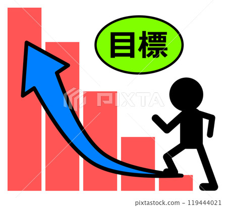 Illustration of a person working hard to achieve a goal and an increasing graph 119444021