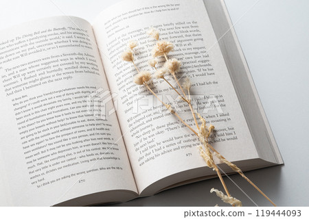 antique books and dried flowers 119444093