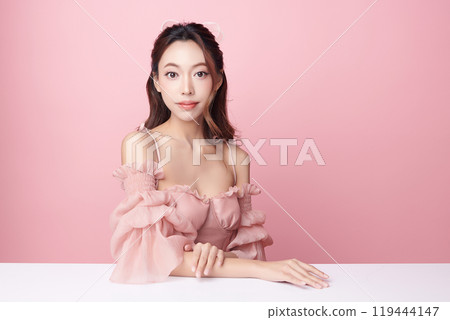 Beautiful young asian woman with clean fresh skin on pink background, Face care, Facial treatment, Cosmetology, beauty and spa, Asian women portrait. 119444147