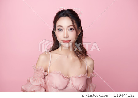 Beautiful young asian woman with clean fresh skin on pink background, Face care, Facial treatment, Cosmetology, beauty and spa, Asian women portrait. 119444152