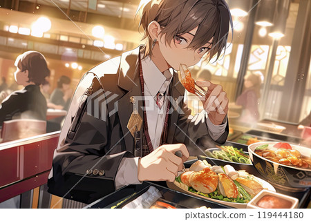 Young people enjoying a meal at a restaurant 119444180