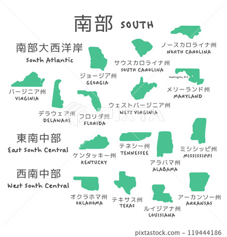 美國南部簡單地圖(南大西洋海岸、東南中部、西南中部)插圖 美國南部簡單地圖(南大西洋海岸、東南中部、西南中部)插圖 119444186