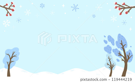 Snowing winter landscape background, red berries covered with snow, cute hand drawn illustration Snowing winter landscape background, red berries covered with snow, cute hand drawn illustration 119444219