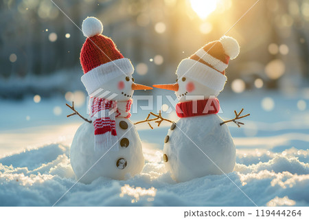 Christmas greeting card with bright winter holiday snowman and New Year background Christmas greeting card with bright winter holiday snowman and New Year background 119444264