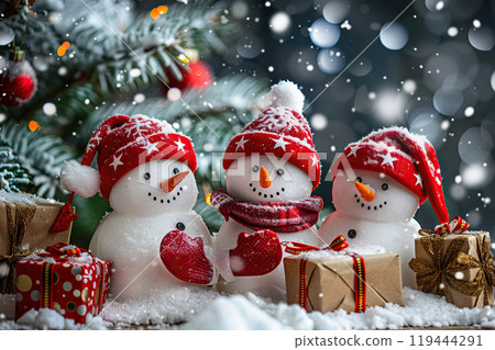 Christmas greeting card with bright winter holiday snowman and New Year background Christmas greeting card with bright winter holiday snowman and New Year background 119444291